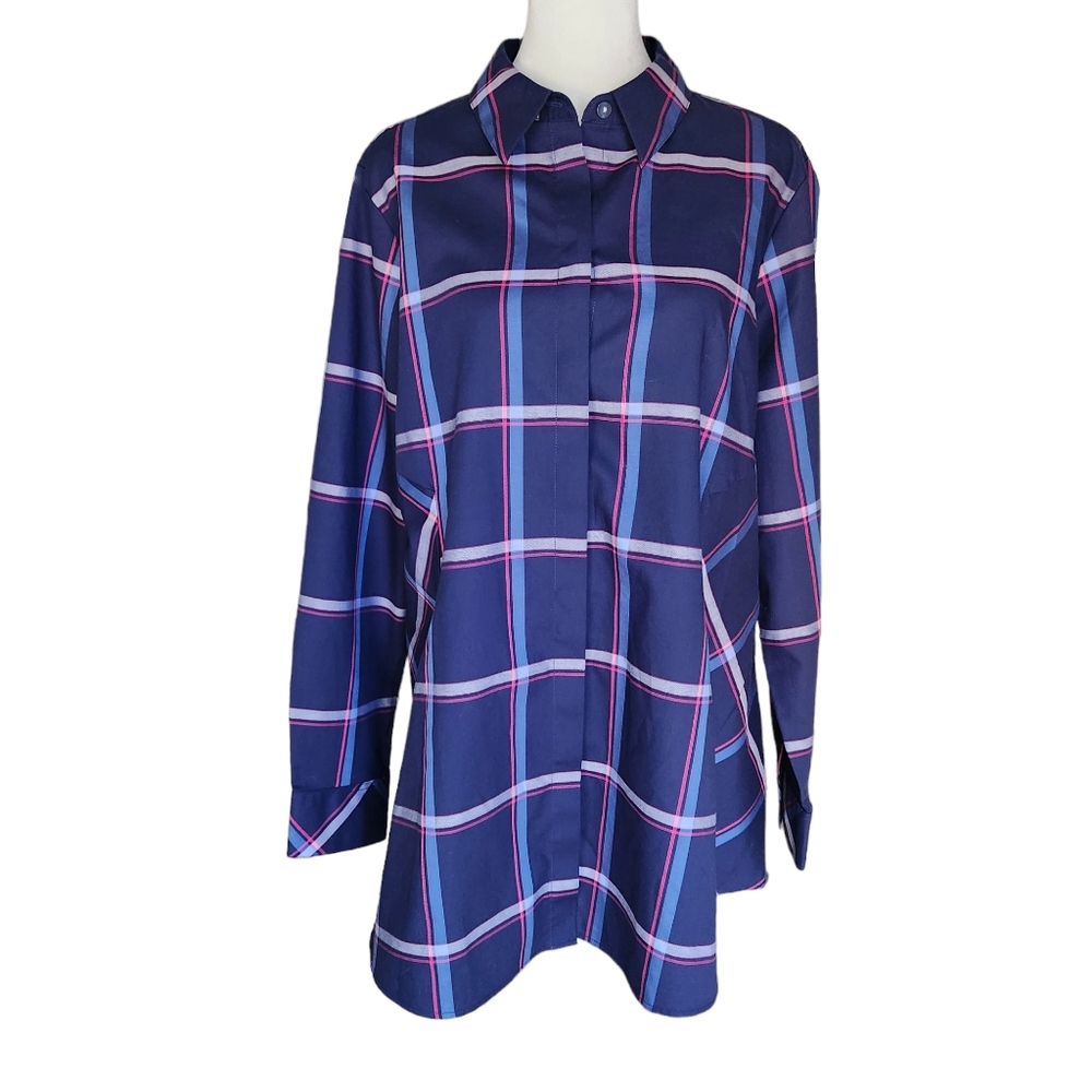 Foxcroft Navy Blue Pink Plaid Long Sleeve Button Up Blouse 14 Large